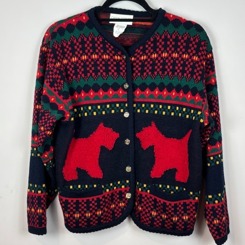Casual Corner Navy Sweater Cardigan with Red Scottie Dogs